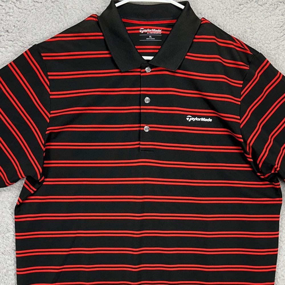 Taylor Made Ashworth Mens Golf Polo Shirt XL Black Red Striped Athletic Rugby